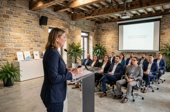 Woman presenting during a professional seminar in a historic Parisian venue with stone walls and modern equipment