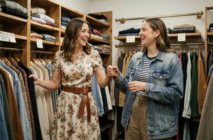 Deux femmes tendance faisant du shopping vintage dans une boutique de seconde main, mode durable et style unique 2024
