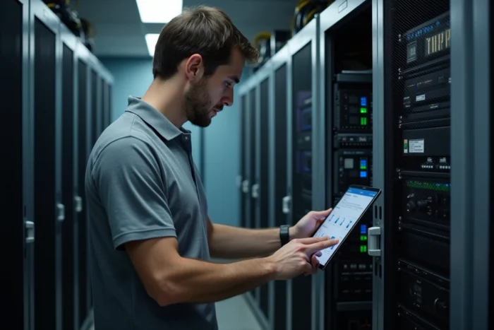 Technicien informatique vérifiant les paramètres de sécurité de la messagerie institutionnelle PIAL dans une salle serveur scolaire