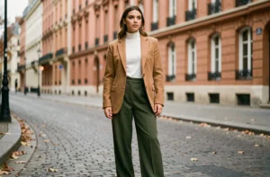 Femme élégante en blazer camel oversize et pantalon large olive dans une rue parisienne, tendances mode automne 2024