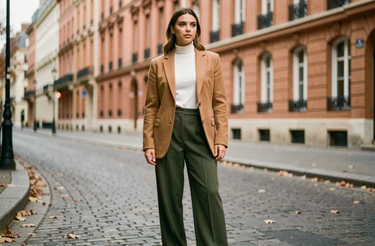 Femme élégante en blazer camel oversize et pantalon large olive dans une rue parisienne, tendances mode automne 2024