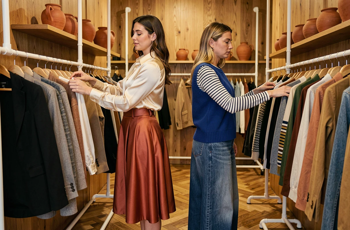 Deux femmes aux styles distincts explorant une boutique de mode indépendante, tendances et inspirations vestimentaires saison 2024