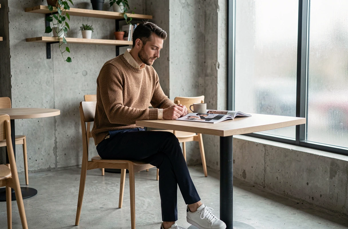 Homme stylé en pull texturé et pantalon marine assis dans un café scandinave minimaliste, inspiration mode masculine 2024