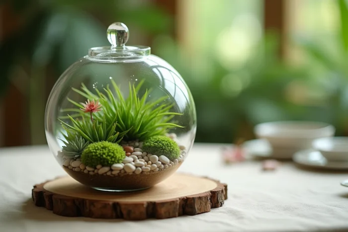 Terrarium fermé en verre sphérique avec plantes tropicales, mousses et cailloux naturels sur tranche de bois, cadeau de mariage botanique