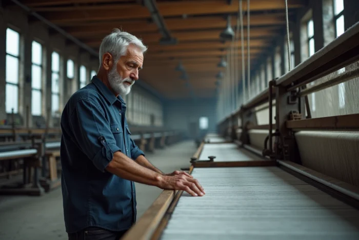 Tisserand opérant un métier à tisser industriel dans une filature traditionnelle aux poutres en bois apparentes