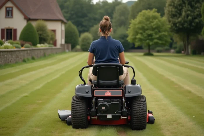 Femme conduisant une tondeuse à gazon autoportée sur un grand jardin en pente avec maison de campagne en arrière-plan