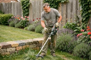 Homme utilisant le Bosch AdvancedGrassCut 36 pour border une pelouse le long d'un muret en pierre dans un jardin de banlieue en été