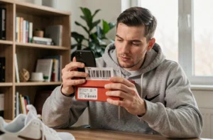 Homme vérifiant le code UPC d'une boîte de sneakers Nike avec son smartphone avant un achat en ligne