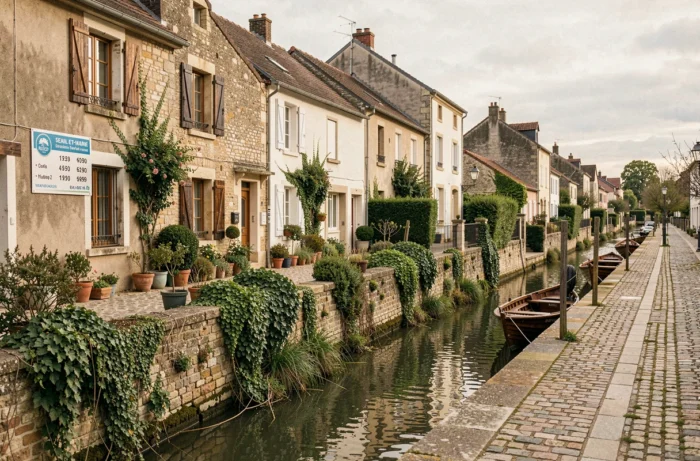 Village au bord d'un canal en Seine-et-Marne avec maisons à vendre à prix abordable