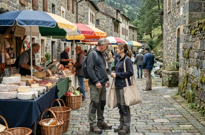 Deux visiteurs découvrant des fromages et charcuteries artisanaux sur un marché de la Vallée des Gaves