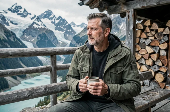 Voyageur solitaire savourant un café sur la terrasse d'un refuge alpin en bois, vue panoramique sur des sommets enneigés et un lac glaciaire turquoise