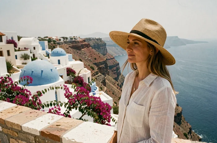 Voyageuse contemplant un village méditerranéen aux toits bleus et murs blancs depuis une terrasse en pierre, mer bleue en arrière-plan