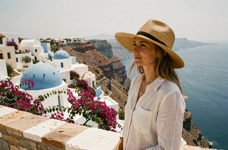 Voyageuse contemplant un village méditerranéen aux toits bleus et murs blancs depuis une terrasse en pierre, mer bleue en arrière-plan