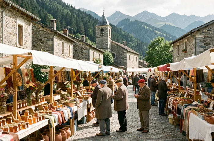 Vue d'ensemble du marché matinal traditionnel dans un village pyrénéen près d'Argelès-Gazost
