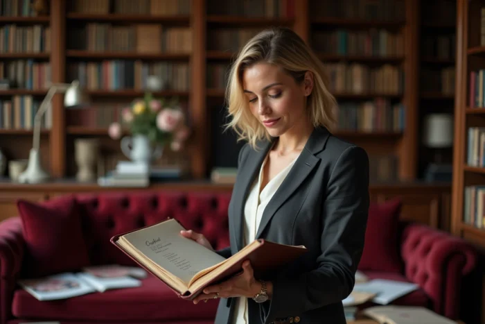 Wedding planner professionnelle consultant ses notes dans la bibliothèque d'un manoir lors de la planification d'un mariage sur mesure
