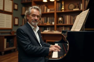 Yvan Cassar assis au piano à queue dans un studio de musique élégant, illustrant une carrière musicale transmise en famille