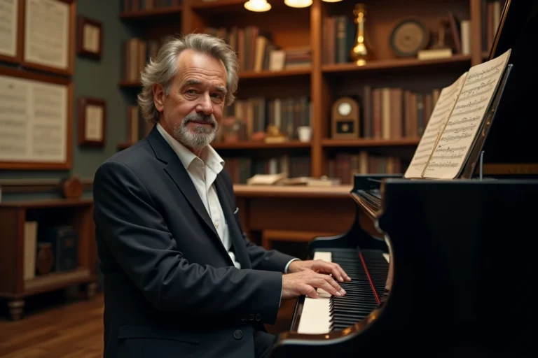 Yvan Cassar assis au piano à queue dans un studio de musique élégant, illustrant une carrière musicale transmise en famille